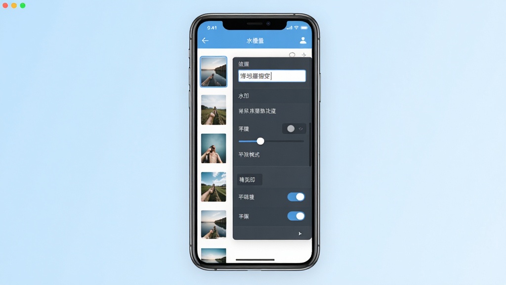 批量水印Pro软件主界面展示,画面中央是手机屏幕,屏幕内显示图片批量导入列表与水印参数调节面板,背景为干净的浅蓝色渐变,风格为现代扁平化UI设计,细节包括水印文字输入框、透明度滑块、平铺模式开关,排版居中对称,画质清晰,干净无多余元素