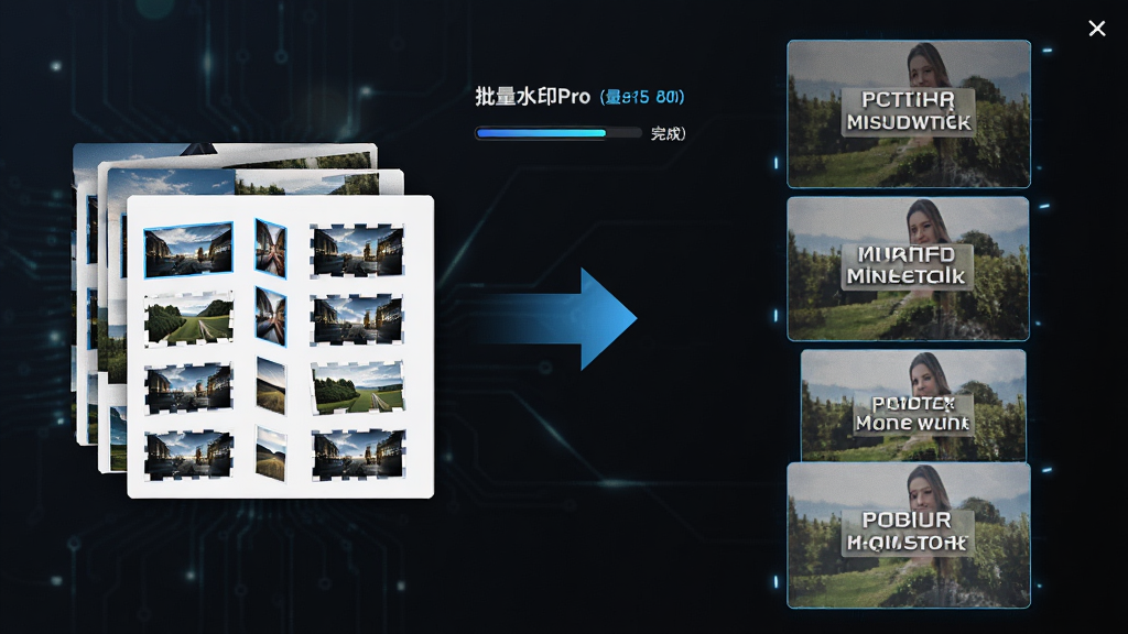 批量水印Pro批量处理功能展示,画面左侧是一叠待处理的图片缩略图,右侧是已添加水印的成品图片瀑布流,中间有箭头表示处理流程,风格为科技感深色背景,细节包括进度条和完成数量标签,画质高清,干净无多余元素