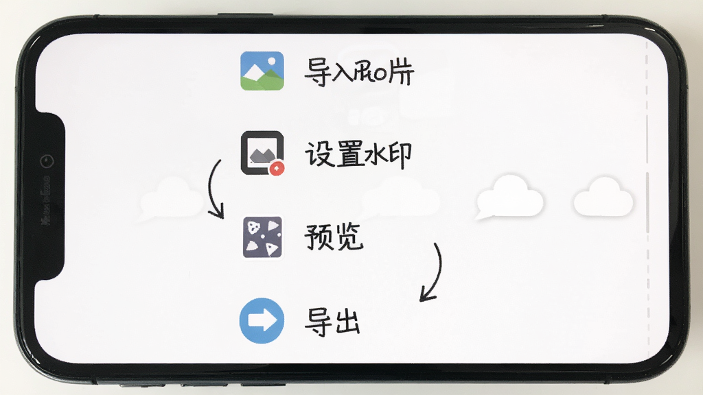 批量水印Pro新手操作流程图,手机屏幕截图风格,画面从上到下依次展示导入图片、设置水印、预览、导出四个步骤,每个步骤配有小图标和简短文字说明,背景为清爽的白色,风格为信息图设计,画质清晰,干净无多余元素