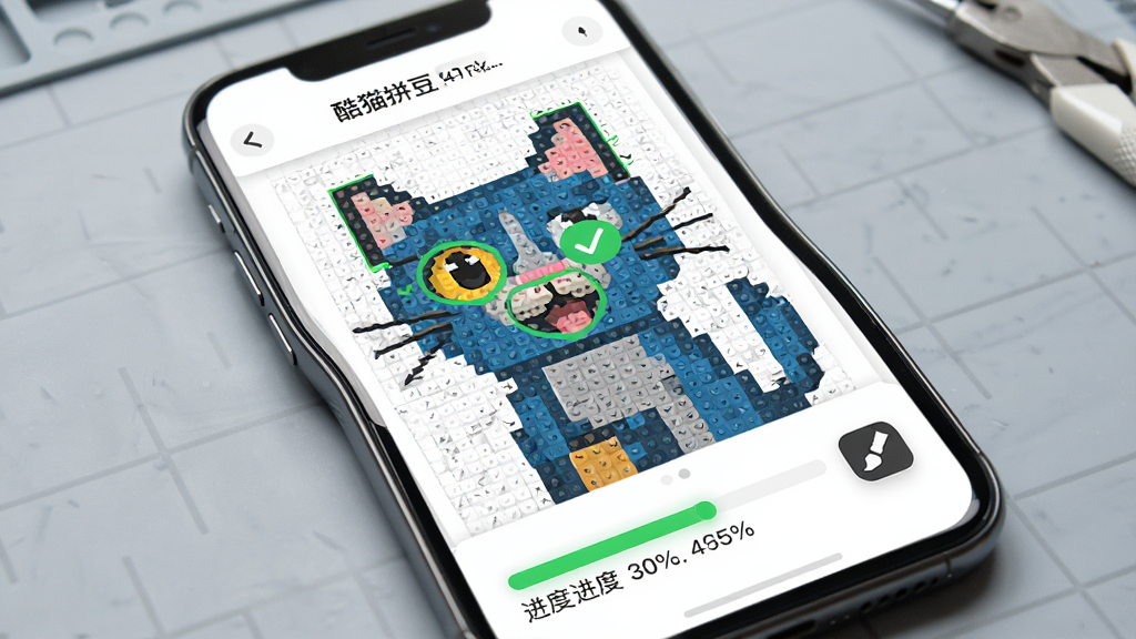 酷猫拼豆作品进度追踪功能展示,画面为手机屏幕,屏幕中一张拼豆图纸上部分区域被标记为已完成并显示绿色对勾,底部有进度条显示完成百分比,背景为浅灰色工作台,风格为实用工具类UI,细节包括清晰的进度指示和涂抹笔刷图标,画质高清,干净,无多余元素