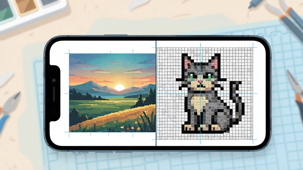 酷猫拼豆智能图纸生成功能展示,画面为手机屏幕特写,屏幕中一张风景照片正在被转换为像素拼豆图纸,左右分屏对比原图与转换效果,背景为浅色工作台,风格为科技感扁平插画,细节包括色块渐变和网格辅助线,画质高清,干净,无多余元素