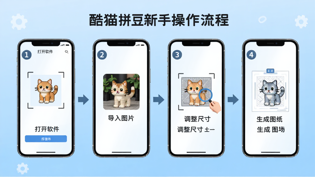 酷猫拼豆新手操作流程图,画面为手机屏幕分步展示,从左到右依次为打开软件、导入图片、调整尺寸、生成图纸四个步骤,每步配有简洁图标和文字说明,背景为浅蓝色渐变,风格为教程类信息图,细节包括步骤编号和箭头引导,画质高清,干净,无多余元素