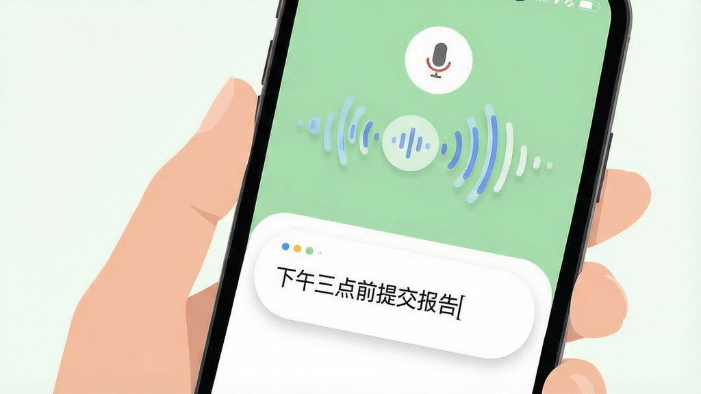 待办事项随时记应用内语音输入功能展示图,画面中一只手拿着手机,手机屏幕显示语音输入界面,声波图标动态扩散,下方自动生成文字“下午三点前提交报告”,界面主色调为浅绿色与白色,布局采用上下结构,上方为语音按钮区域,下方为识别结果展示区,风格为扁平化设计,细节包括圆角输入框和柔和阴影,画质清晰,画面干净,无多余元素