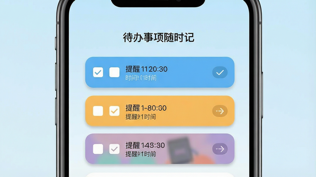 一张干净简洁的智能手机界面展示图,画面中央是待办事项随时记应用的主界面,顶部显示应用名称待办事项随时记,下方排列着三条彩色待办条目,分别带有复选框和提醒时间标签,背景为柔和浅蓝色渐变,界面风格扁平化设计,图标线条简约,整体布局居中对齐,风格清新现代,细节包括圆角卡片、细腻阴影和清晰的文字层级,画质高清,画面干净,无多余元素
