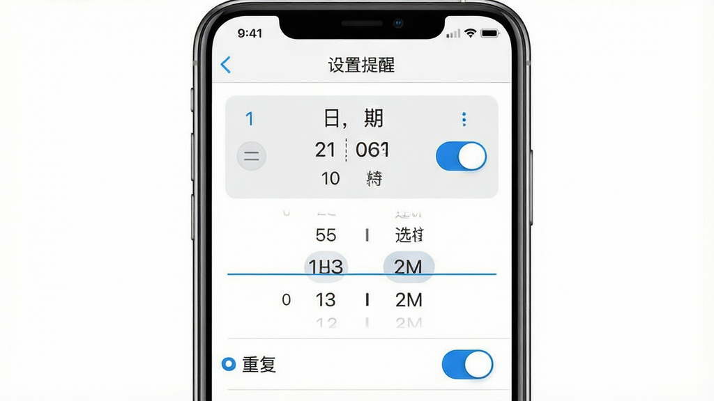 待办事项随时记应用提醒设置界面图,画面展示手机屏幕上的提醒配置页面,包含日期选择器、时间滚轮和重复选项开关,界面顶部显示“设置提醒”标题,背景为纯白色,控件采用浅灰色与蓝色点缀,布局为垂直列表形式,风格简约商务,细节包括清晰的标签文字和开关滑块,画质高清,画面干净,无多余元素