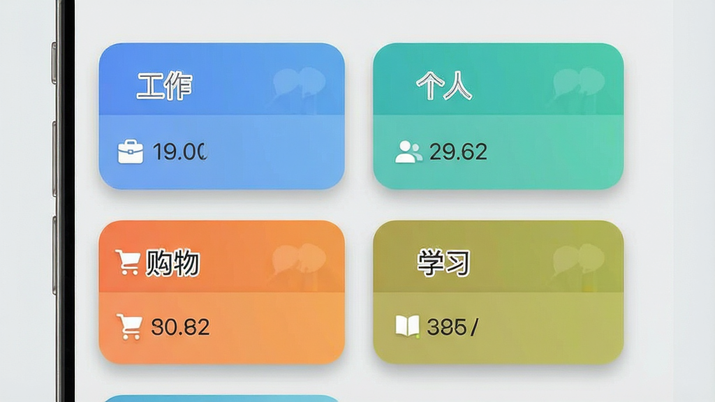 待办事项随时记应用清单分类界面图,画面展示手机屏幕上的多个彩色清单卡片,分别标注“工作”“个人”“购物”“学习”,每个卡片下方显示待办数量,界面背景为浅灰色,卡片采用圆角设计并带有不同颜色标识,布局为两列网格排列,风格清新浅色,细节包括卡片阴影和清晰的分类文字,画质清晰,画面干净,无多余元素