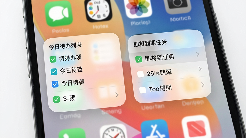 待办事项随时记桌面小组件展示图,画面为手机主屏幕,屏幕上放置了两个不同尺寸的小组件,分别显示今日待办列表和即将到期任务,小组件背景为半透明白色,文字清晰可读,主屏幕壁纸为淡雅渐变,图标排列整齐,风格现代简约,细节包括小组件圆角边框和任务复选框,画质高清,画面干净,无多余元素