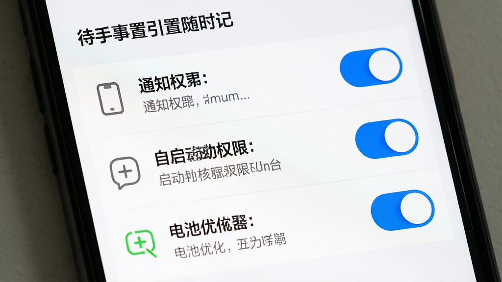 待办事项随时记新手设置引导图,画面为手机屏幕显示权限设置页面,包含通知权限、自启动权限、电池优化三个开关选项,每个选项旁有图标和说明文字,界面背景为白色,开关采用蓝色高亮状态,布局为垂直列表,风格简洁明了,细节包括清晰的标题文字和辅助说明,画质高清,画面干净,无多余元素