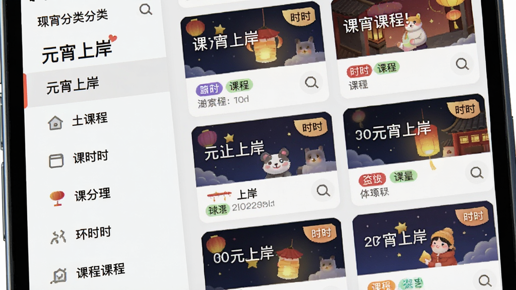 主体为手机屏幕特写,屏幕中显示“元宵上岸”课程分类页面,布局为左侧竖排分类导航与右侧课程卡片网格,排版整齐,风格为清新浅色系,细节包含彩色标签、课时角标、搜索图标,画质高清,干净,无多余元素