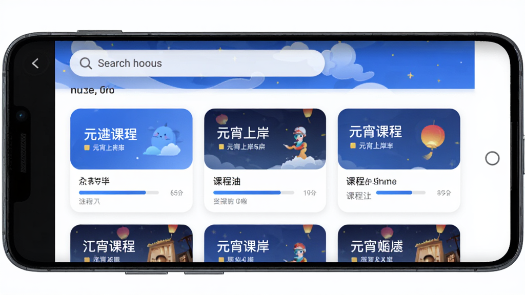 主体为一部安卓手机屏幕,屏幕中央展示“元宵上岸”APP首页界面,布局为顶部搜索栏加下方课程卡片列表,排版简洁清晰,风格为现代扁平化科技风,细节包含蓝色主色调、圆角卡片、进度条元素,画质高清,干净,无多余元素