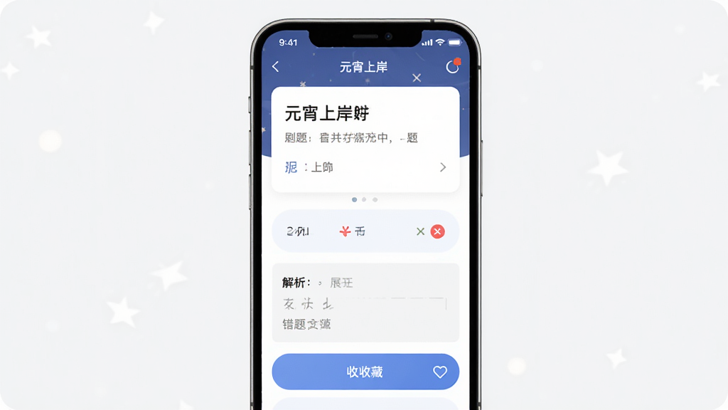 主体为手机屏幕展示“元宵上岸”刷题界面,布局为顶部题目区域加下方选项按钮,排版清晰,风格为清爽素雅风,细节包含对错标记、解析展开区域、错题收藏图标,画质高清,干净,无多余元素
