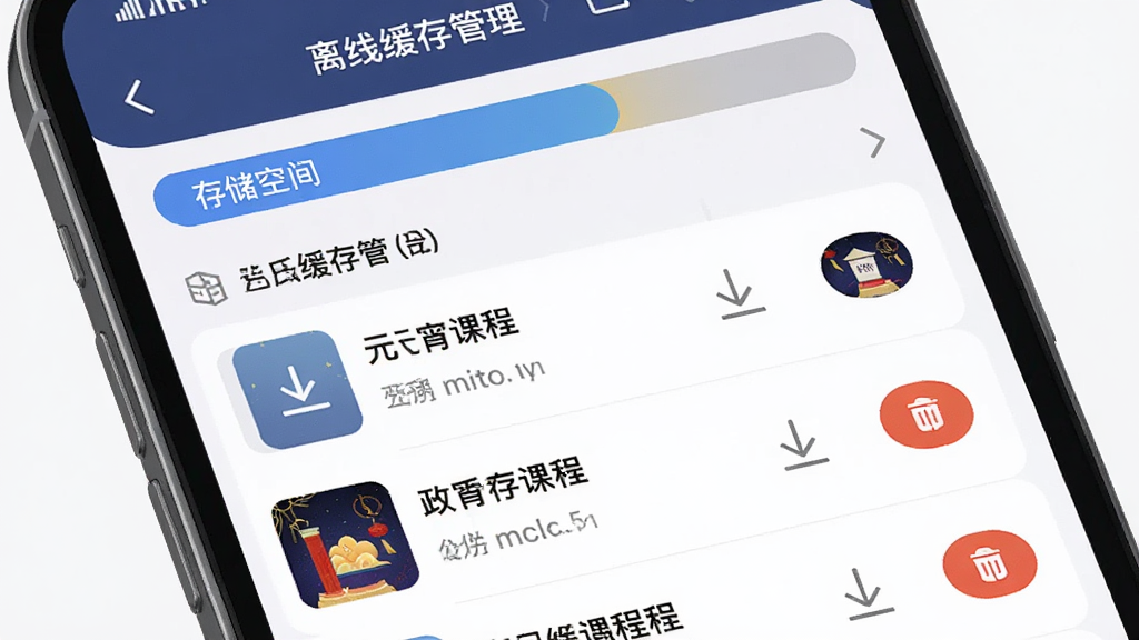 主体为手机屏幕显示“元宵上岸”离线缓存管理界面,布局为顶部存储空间条加下方已缓存课程列表,排版规整,风格为简约商务风,细节包含下载箭头图标、文件大小标注、删除按钮,画质高清,干净,无多余元素