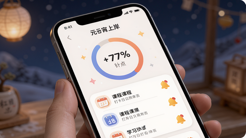 主体为手机屏幕展示“元宵上岸”学习进度页面,布局为顶部环形进度图加下方课程列表,排版清晰,风格为柔和圆角设计,细节包含进度百分比数字、打卡日历、提醒铃铛图标,画质高清,干净,无多余元素