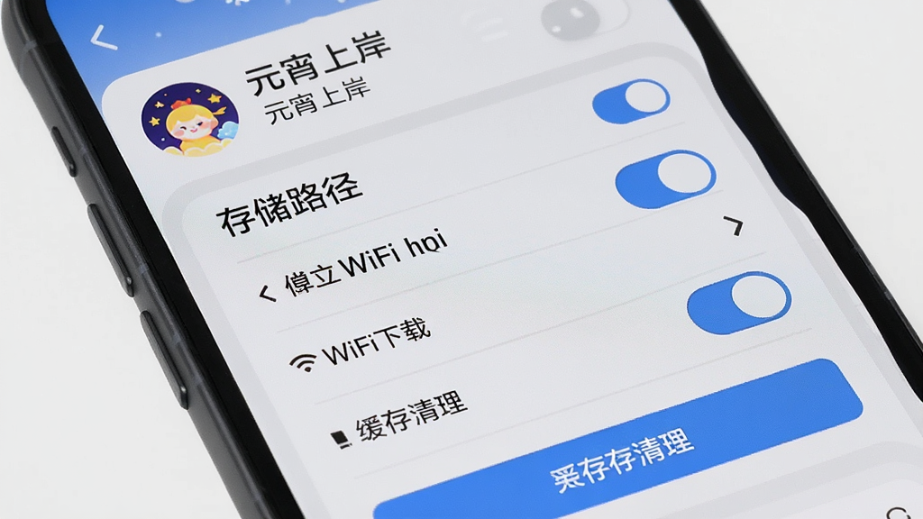 主体为手机屏幕显示“元宵上岸”设置页面,布局为顶部账户信息加下方功能开关列表,排版清晰,风格为浅灰质感风,细节包含存储路径选项、WiFi下载开关、缓存清理按钮,画质高清,干净,无多余元素