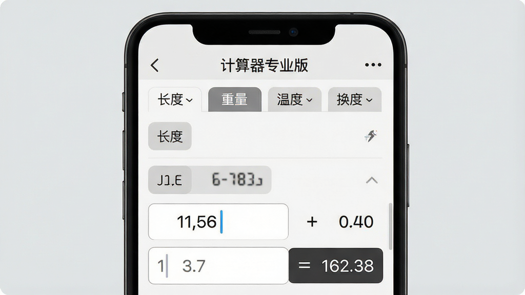 一张展示计算器专业版单位换算界面的图片,画面中手机屏幕显示单位换算面板,包含长度、重量、温度等分类标签,下方显示数值输入框和换算结果,背景为浅灰色,风格简约,屏幕上方标注