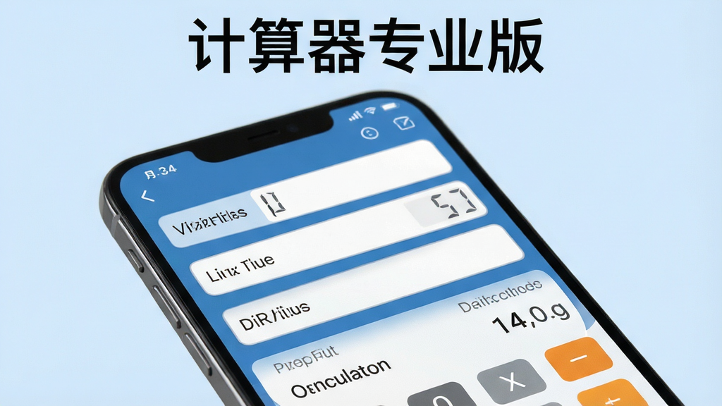 一张展示计算器专业版房贷计算功能的图片,画面中手机屏幕显示房贷计算器界面,包含贷款金额、年利率、贷款期限输入框,下方显示月供和总利息结果,背景为淡蓝色,风格专业,屏幕上方标注