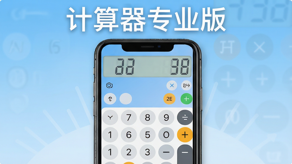 一张展示计算器专业版应用主界面的图片,画面中央是手机屏幕,屏幕上显示简洁大方的计算器界面,包含数字键盘和运算符号,背景为浅蓝色渐变,风格干净现代,画质清晰,无多余元素,屏幕上方用白色字体标注