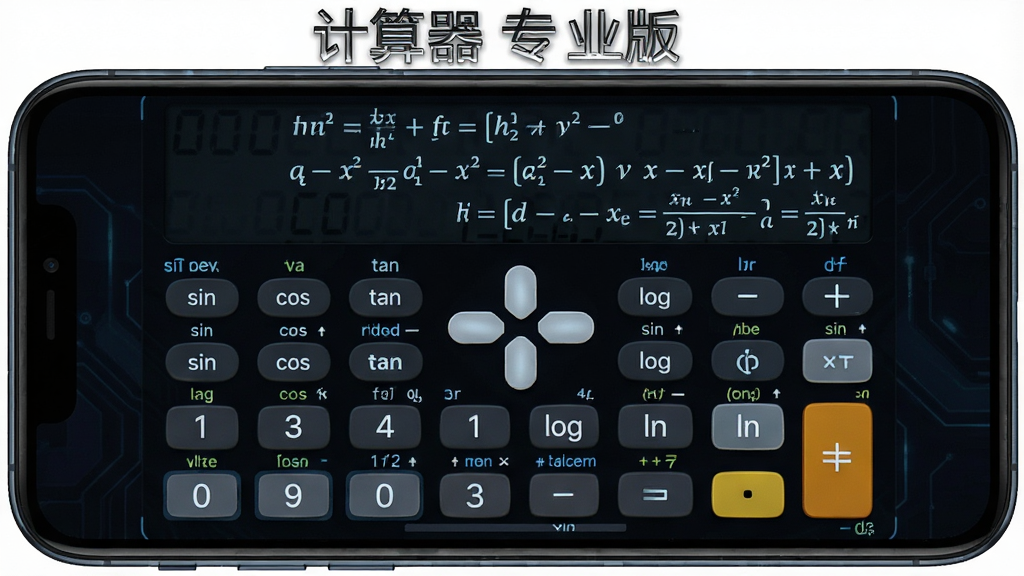 一张展示计算器专业版科学计算模式的图片,画面中手机横屏显示科学计算器面板,包含sin、cos、tan、log、ln等函数按键,屏幕上方显示复杂的数学公式,背景为深色主题,风格科技感十足,画质清晰,文字标注