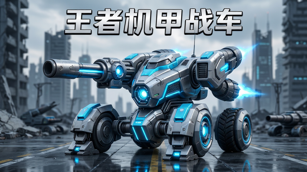 画面主体为一辆充满未来科技感的机甲战车,车身以银灰色和荧光蓝为主色调,装备有能量炮与推进器,背景为科幻都市废墟场景,布局采用中心构图突出战车全貌,排版上方留白用于展示游戏名称文字