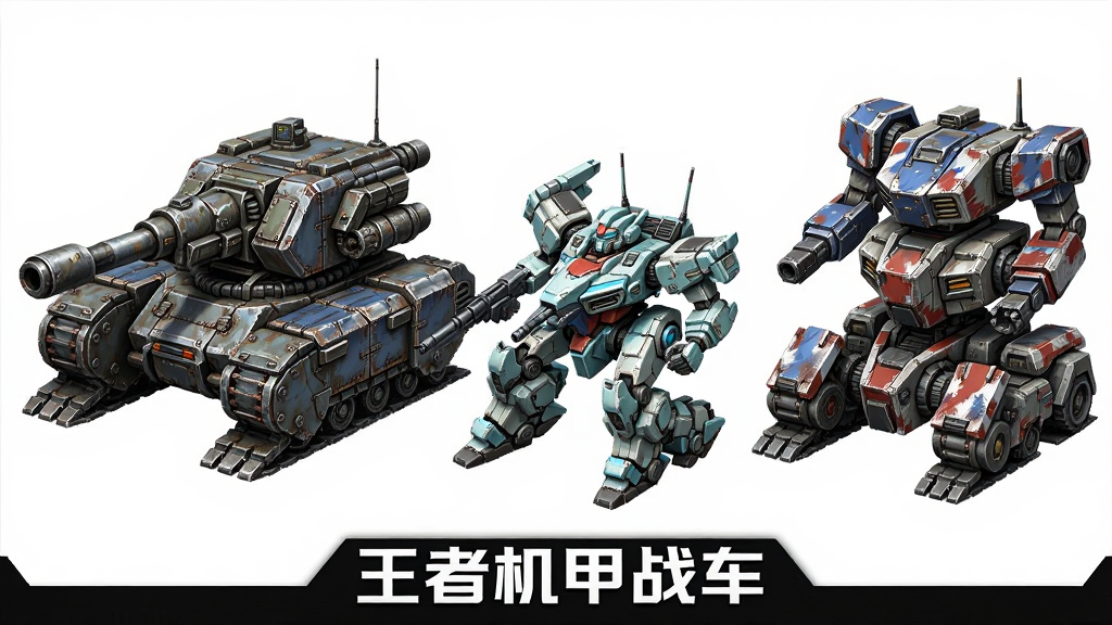画面主体为多辆不同造型的机甲战车并排展示,包含重型火炮型、轻型敏捷型、支援干扰型三种类型,布局采用横向排列对比展示,排版底部标注