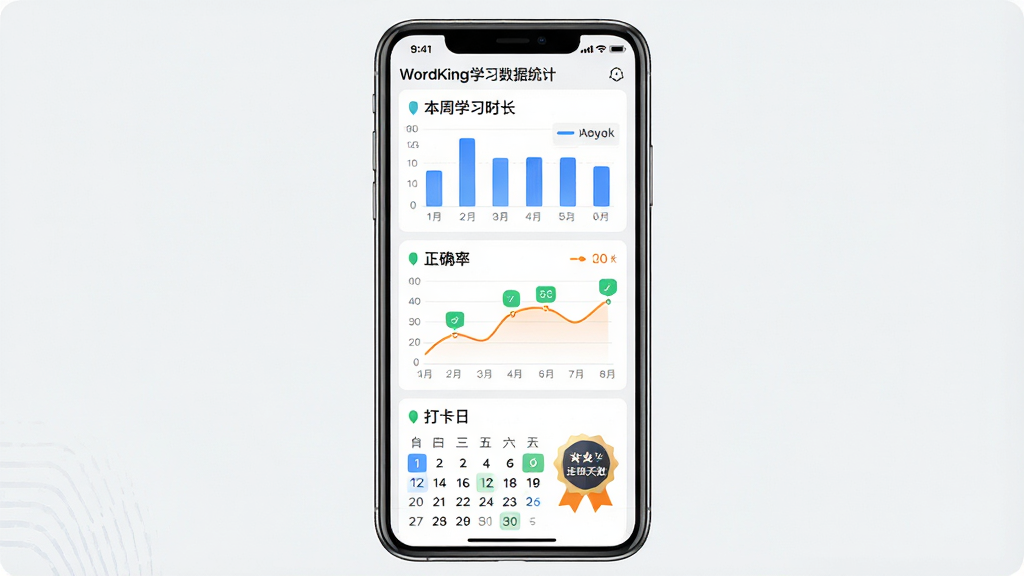 一张展示WordKing学习数据统计页面的手机界面图,画面中央是手机屏幕,屏幕内上方是本周学习时长柱状图,中部是正确率折线图,下方是打卡日历和连续天数徽章,布局为纵向排列,排版清晰,风格为简约商务风UI,细节包括蓝色柱状条、橙色折线、绿色打卡圆点、数字标注,画质高清干净无多余元素