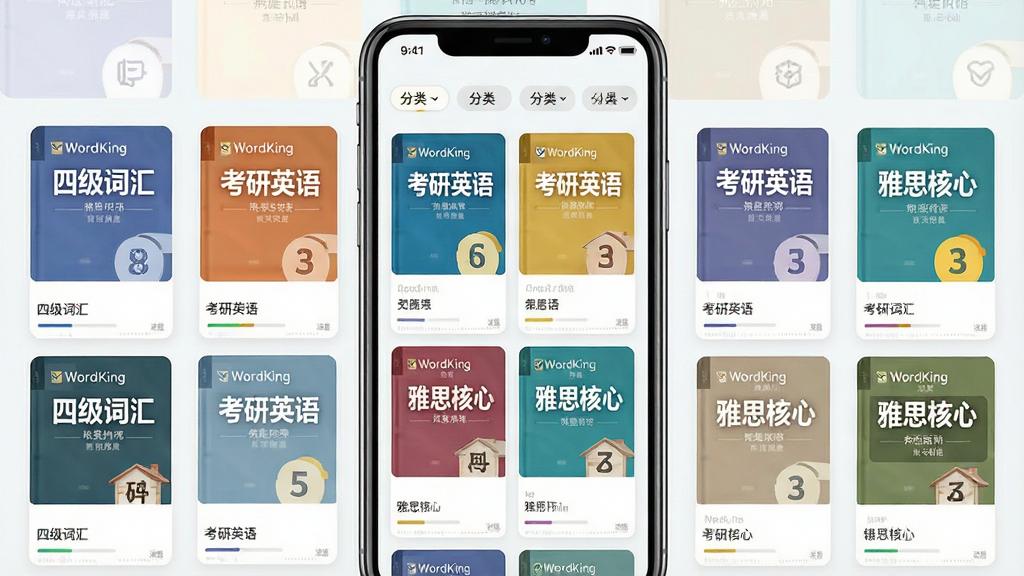 一张展示WordKing词书选择界面的手机截图风格图片,画面中央是竖屏手机屏幕,屏幕内以网格形式排列多本词书封面,封面标注有“四级词汇”“考研英语”“雅思核心”等字样,布局为整齐的卡片网格,排版为居中展示,风格为清新浅色系UI设计,细节包括每个词书封面的不同配色、进度条标识、顶部的分类筛选标签,画质高清干净无多余元素