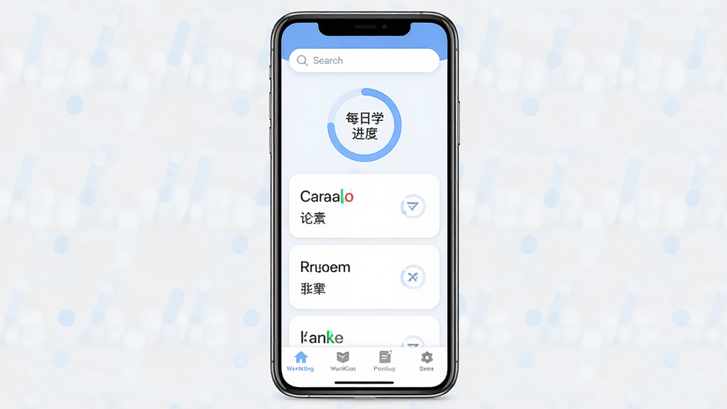 一张展示WordKing背单词软件主界面的手机预览图,画面中央是一部竖屏智能手机,屏幕内显示WordKing应用首页,顶部有搜索栏和每日学习进度环,中部是单词卡片区域展示英文单词与中文释义,底部有四个导航标签,整体布局简洁清爽,排版为居中构图,风格为现代扁平化UI设计,细节包括柔和的蓝白配色、圆角卡片、清晰的文字层级,画质高清干净无多余元素