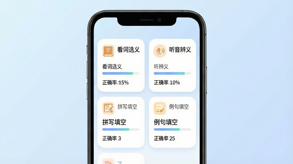 一幅展示WordKing多种学习模式切换的界面示意图,画面中央是手机屏幕,屏幕内同时展示四个功能卡片分别代表“看词选义”“听音辨义”“拼写填空”“例句填空”,布局为田字格排列,排版均衡,风格为柔和圆角卡片设计,细节包括每个卡片上的小图标、进度条、正确率百分比数字,背景为淡蓝色渐变,画质高清干净无多余元素