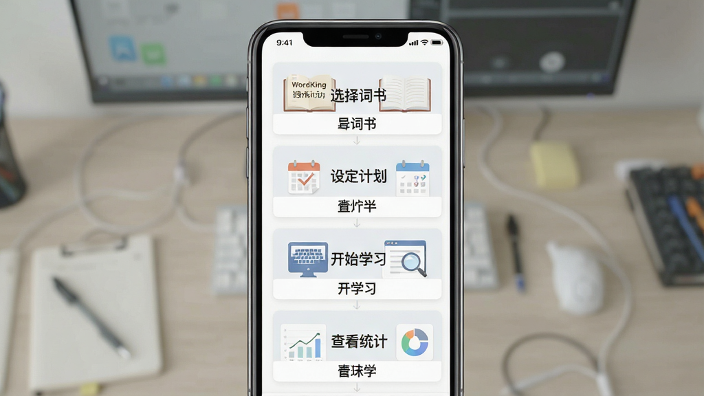 一张展示WordKing使用教程步骤的示意图,画面中央是手机屏幕,屏幕内以分步截图形式展示从选择词书到开始学习的流程,布局为纵向四格步骤图,排版清晰,风格为浅色极简UI,细节包括每格下方的文字说明“选择词书”“设定计划”“开始学习”“查看统计”,画质高清干净无多余元素