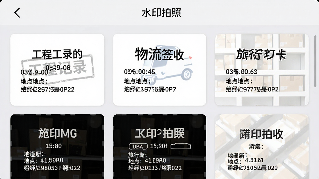 一张水印拍照应用内的模板选择界面截图,画面以网格形式展示多个水印模板缩略图,包括工程记录、物流签收、旅行打卡等样式,每个缩略图上清晰显示时间、地点、经纬度等字段,界面采用卡片式布局,背景为浅灰色,顶部有“水印拍照”文字标识,风格清爽整洁,画质高清,无杂乱元素