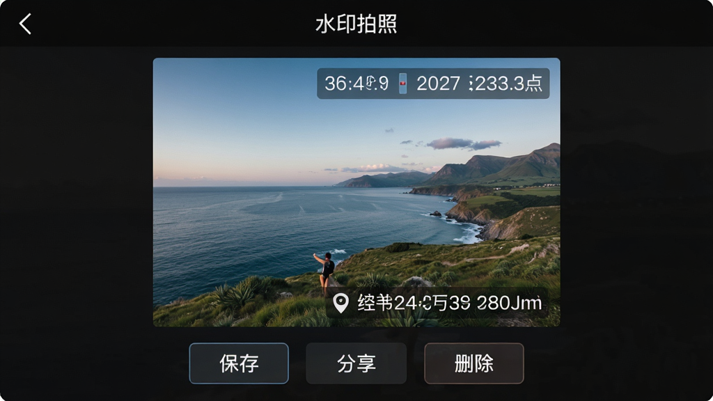 一张水印拍照应用拍摄完成后的照片预览界面,画面中央展示一张带有时间、地点、经纬度水印的风景照片,水印文字清晰锐利,照片下方有保存、分享、删除等操作按钮,界面背景为深色,突出照片本身,顶部显示“水印拍照”应用名称,整体风格专业简洁,画质高清,无多余元素