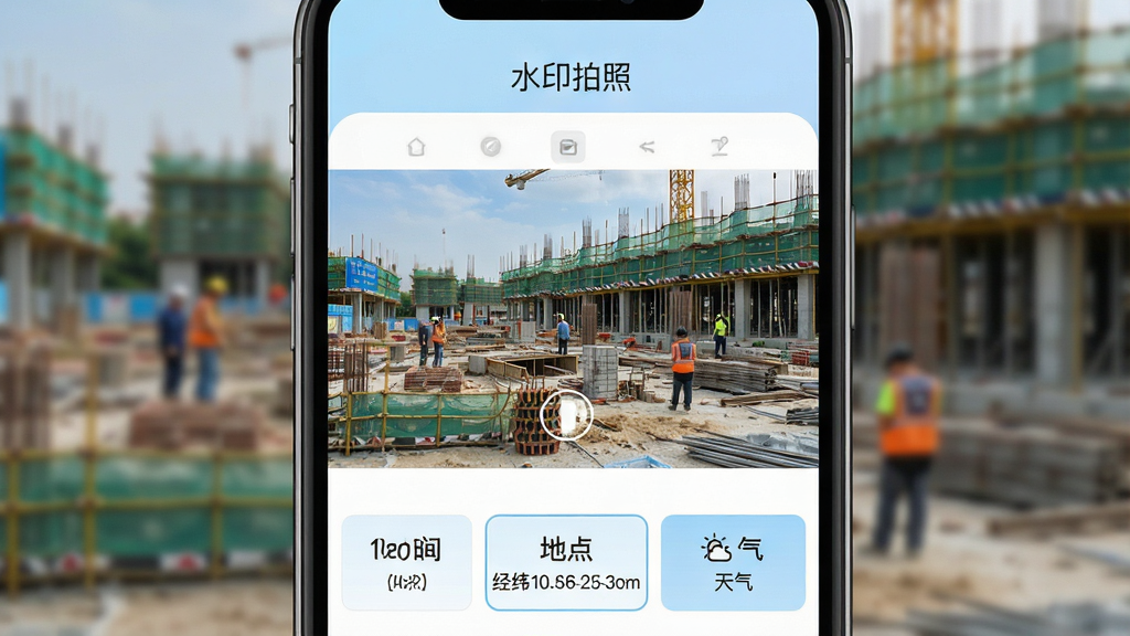 一张手机屏幕展示水印拍照应用主界面,画面中央为相机取景框,取景框内显示清晰的建筑工地场景,屏幕下方排列时间、地点、经纬度、天气等水印模板选项,界面风格简洁现代,以白色和浅蓝色为主色调,顶部显示软件名称“水印拍照”,整体布局干净整齐,画质高清,无多余元素