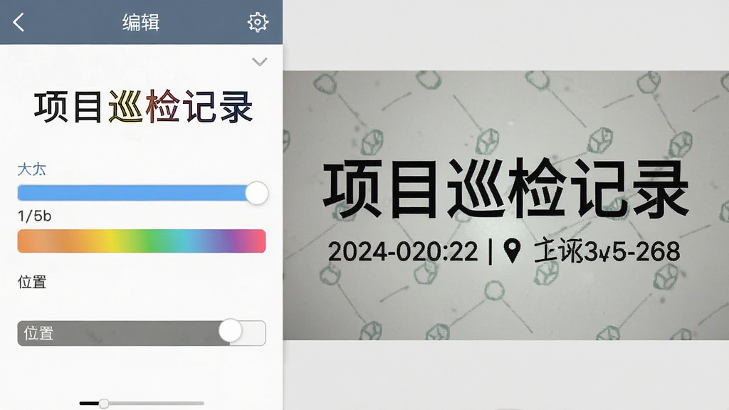 一张水印拍照应用的自定义编辑界面截图,画面展示用户正在调整水印文字的大小、颜色和位置,屏幕左侧为编辑面板,右侧为实时预览效果,水印中包含“项目巡检记录”字样及时间地点信息,界面风格偏向工具型,布局清晰,画质高清,无杂乱元素