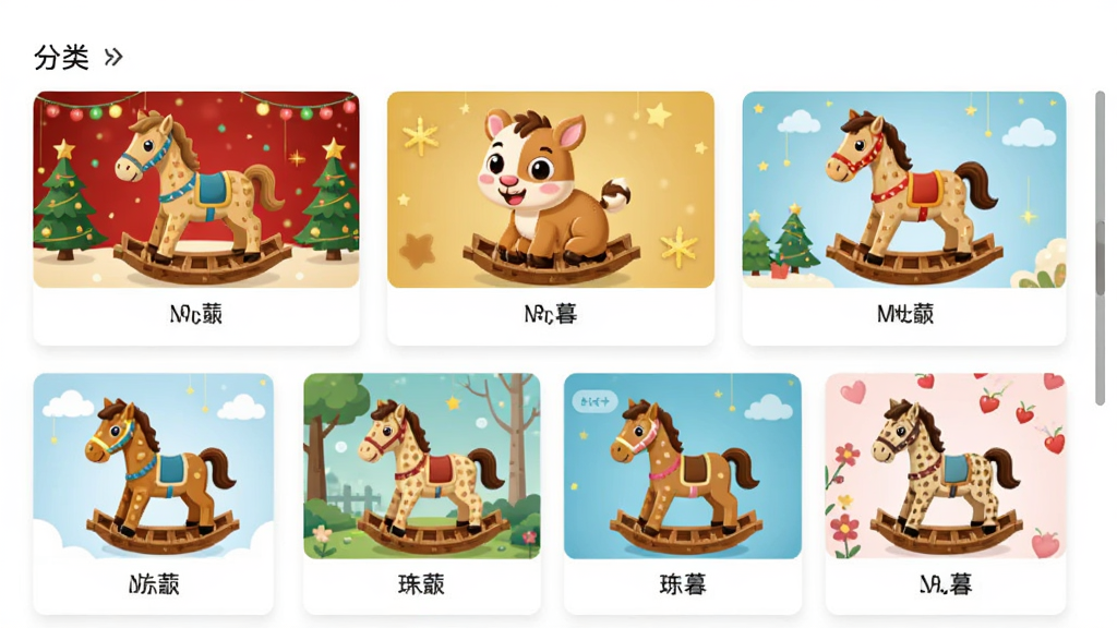 摇暮软件素材库界面截图,画面中整齐排列着多个摇木马模板缩略图,有节日款、动物款、卡通款等,每个模板下方标注名称,界面采用卡片式布局,背景为白色,风格整洁现代,细节包括模板预览图、分类标签和滚动条,画质清晰,干净,无多余元素