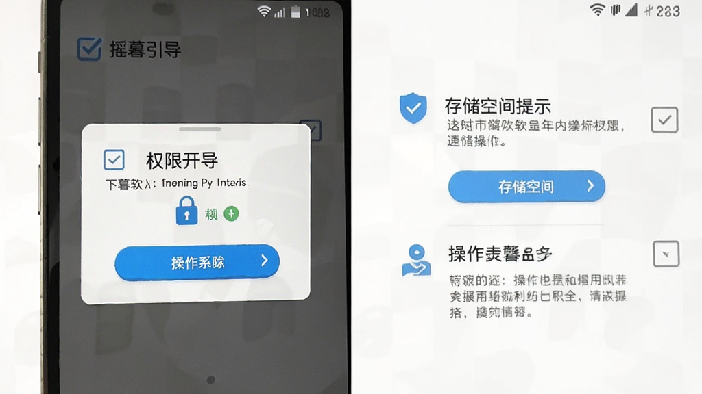 一张手机截图风格的图片,展示摇暮软件的新手引导界面,画面中有权限开启提示、存储空间提示和操作步骤说明,背景是白色,风格清晰友好,细节包括勾选框、按钮和提示图标,画质清晰,干净,无多余元素