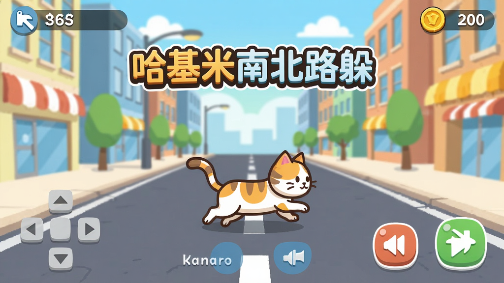 哈基米南北路躲游戏操作界面截图,一只卡通猫咪在道路上奔跑,屏幕上方显示分数和金币数量,下方有操作按钮提示,背景为明亮的城市街道,画面中有
