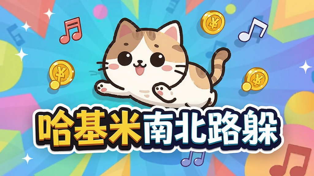 一只呆萌卡通猫咪角色在屏幕上做出跳跃动作,周围环绕着音符和金币图标,背景是色彩斑斓的抽象几何图案,画面中央显示