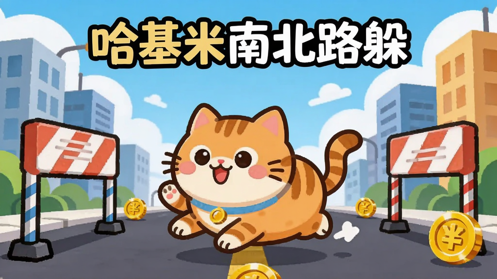 一只圆润可爱的橘猫形象卡通角色在南北交错的城市道路上奔跑,道路两侧有障碍物和金币,背景是明亮的蓝天白云,画面中央上方有