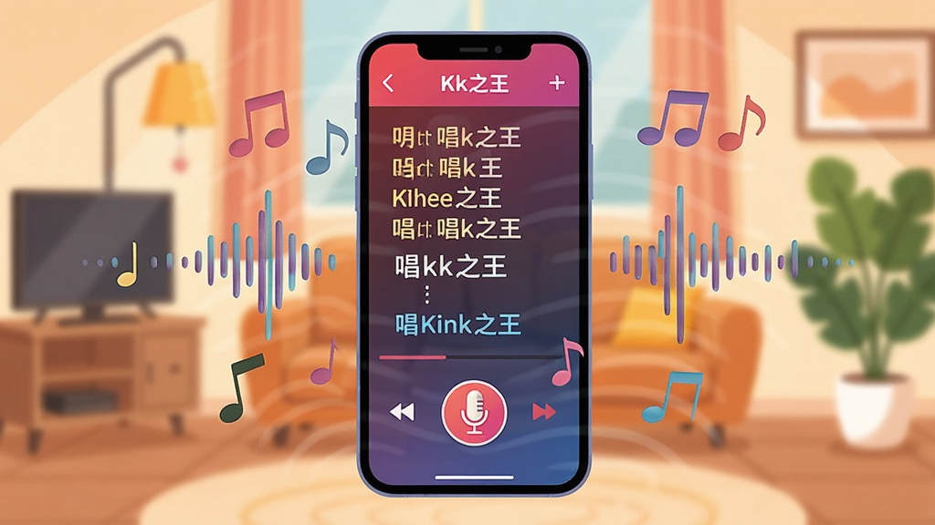 一张展示手机K歌场景的图片,画面中央是一部智能手机,屏幕上显示着唱k之王的唱歌界面,有歌词滚动和麦克风图标,手机周围环绕着音符和声波图案,背景是温馨的居家环境,风格为现代扁平插画,细节丰富,色彩明快,画质清晰,干净,无多余元素