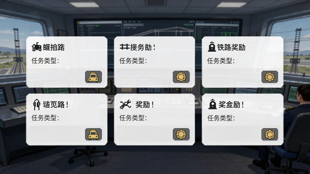 铁路司机:模拟 任务选择界面,画面展示多个任务卡片,每个卡片上有线路名称、任务类型和奖励图标,背景是铁路调度室的风格,布局整齐,风格简洁,画质清晰,无多余元素