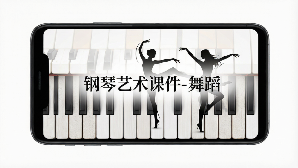 一张展示钢琴艺术课件-舞蹈软件界面的预览图,画面主体为一部安卓手机屏幕,屏幕上显示着钢琴键盘与舞蹈人物剪影相互交织的课件封面,布局简洁清晰,排版上软件名称“钢琴艺术课件-舞蹈”以优雅字体居中显示,风格为现代教育类应用界面,细节上包含钢琴琴键纹理与舞者动态线条,画质高清,干净,无多余元素