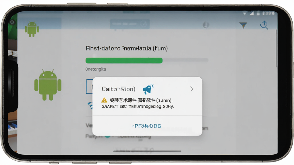 一张展示安卓手机安装钢琴艺术课件-舞蹈软件过程的AI生图,画面主体为一部手机屏幕显示安装进度条与权限确认弹窗,布局为居中显示,排版简洁,风格为扁平化手机系统界面,细节包含安卓机器人图标与安全提示文字,画质高清,干净,无多余元素