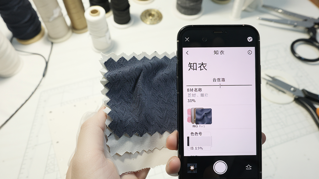 一部手机对着面料小样拍照,屏幕上显示