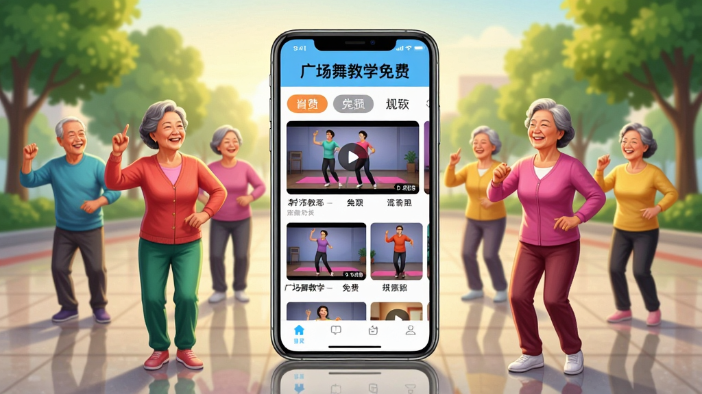 画面中央是一部大屏幕智能手机,屏幕上显示着“广场舞教学免费”软件的主界面,界面中有多个舞蹈视频缩略图和分类标签,手机周围环绕着几位笑容满面的中老年舞者正在跟着屏幕跳舞,背景是清晨的社区广场和绿树,整体布局采用中心放射式构图,风格为温暖明亮的写实插画,细节包括舞者服装鲜艳、手机界面文字清晰、地面有柔和的倒影,画质为高清4K,画面干净无多余元素