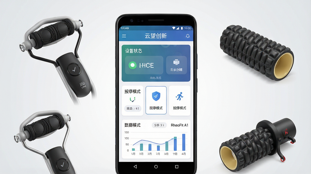 一张展示云望创新APP整体界面的效果图,画面中央是一部安卓手机,屏幕显示云望创新APP首页,包含设备连接状态、按摩模式选择、数据图表等模块;手机周围环绕智能滚按仪和电动泡沫轴产品渲染图,背景为干净的浅灰色渐变;风格为现代科技感产品展示图,细节清晰,画质锐利,文字内容为“云望创新”和“RheoFit A1”,整体干净无多余元素。