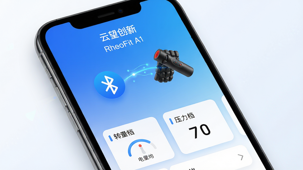 一款名为云望创新的智能运动按摩APP界面展示图,主体为手机屏幕显示设备连接成功页面,蓝牙图标和电动泡沫轴图标通过动态线条相连,界面配色为蓝白渐变,布局清晰,风格简洁科技感,细节包含电量显示、转速档位、压力数值等数据卡片,画面干净,画质高清,文字标注“云望创新”“RheoFit A1”。