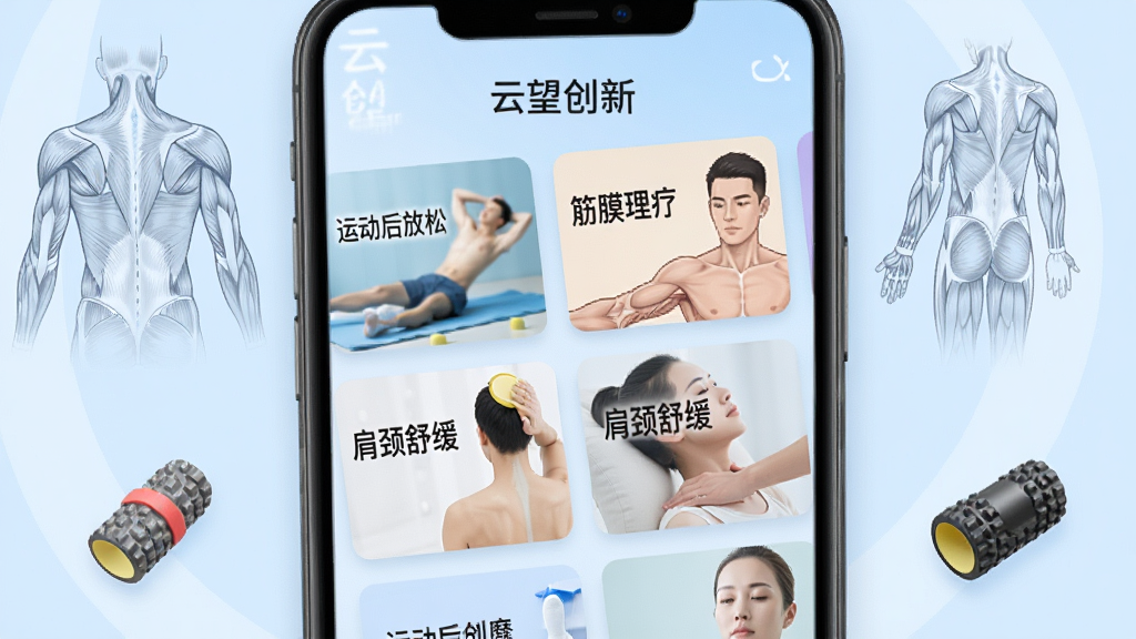 云望创新APP个性化按摩方案界面,手机屏幕展示多个按摩课程卡片,卡片上标注“运动后放松”“筋膜理疗”“肩颈舒缓”等文字,背景为柔和浅蓝色,周围点缀肌肉解剖线条图与泡沫轴图标,整体风格清新专业,布局整齐,画质清晰,文字为“云望创新”。