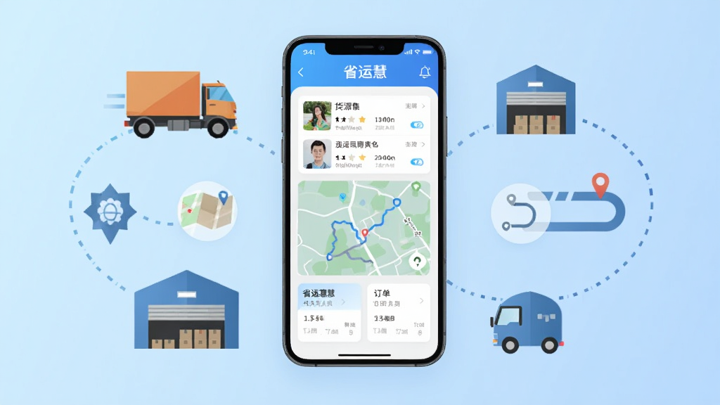 画面中央展示一部智能手机,屏幕上显示“省运慧”应用主界面,界面包含货源列表、地图轨迹与订单卡片,手机周围环绕货车、仓库、路线图标等物流元素,背景为浅蓝色渐变,整体采用扁平化科技风格,构图简洁对称,细节清晰,画质干净明亮,无多余元素,适合软件下载站展示