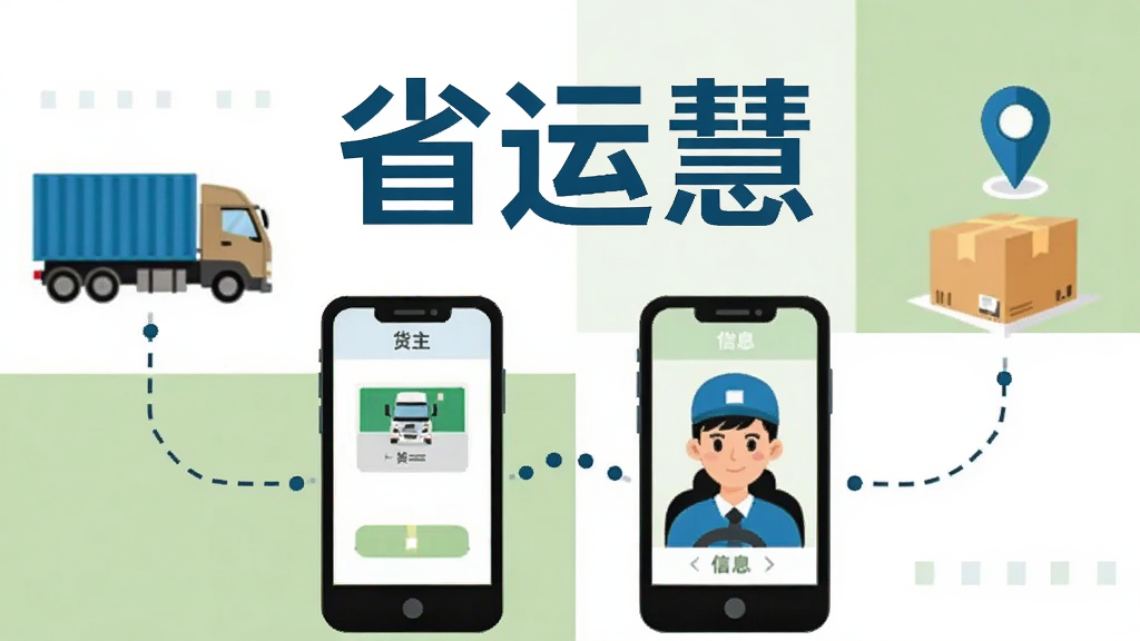画面中心为“省运慧”文字标识,下方展示货主与司机通过手机屏幕实现信息互联的示意图,周围以虚线连接货车、货物与定位图标,背景为白色与浅绿色块拼接,采用简约商务插画风格,布局清晰,细节干净,画质高清,无杂乱元素