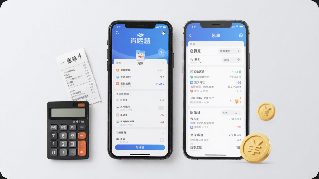 画面展示“省运慧”应用内的结算页面与账单列表,手机屏幕旁配有计算器、票据与金币图标,背景为浅灰色调,风格简洁现代,构图居中,细节精致,画质干净,无多余装饰